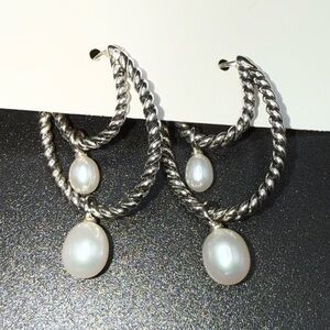 Twisted Silver and Pearl Dangle Earrings